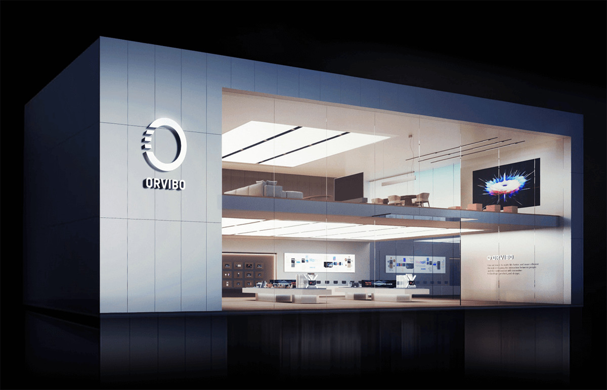 ORVIBO Concept Store with an illuminated two-storey glass frontage and product displays