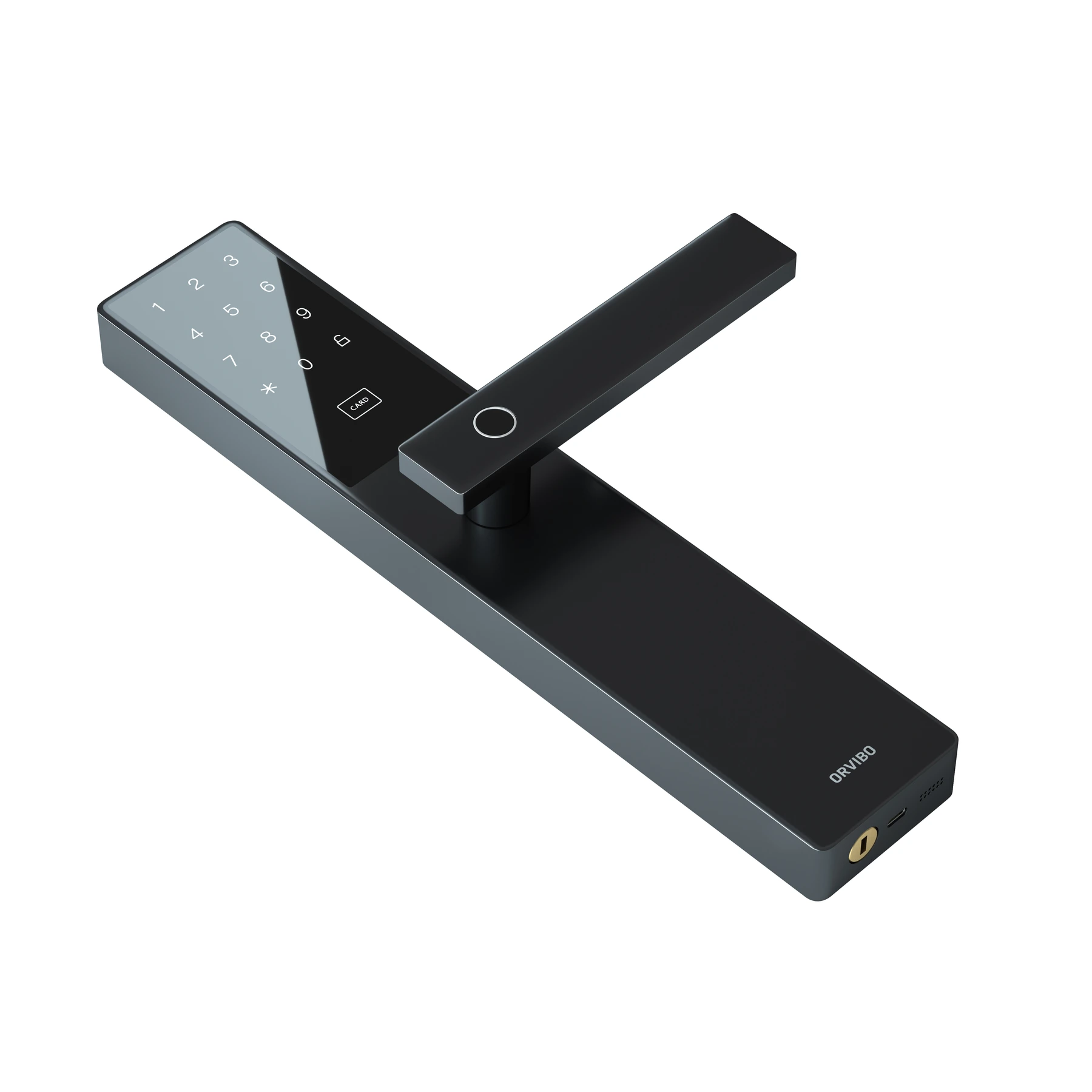 An angled view of C1 showing its touch keypad, card reader and fingerprint sensor on the handle
