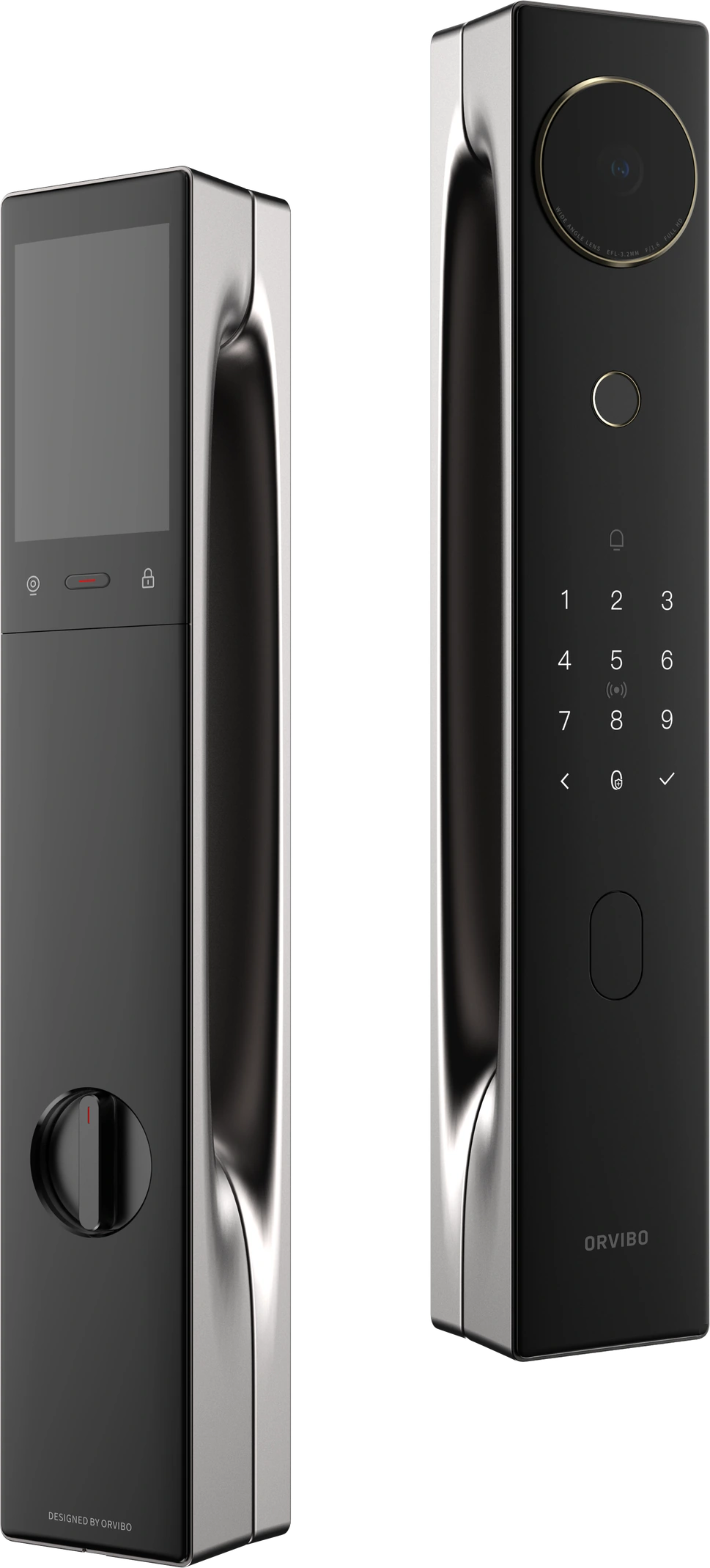 The front and interior panels of the V5 smart lock, showing their polished metal edges