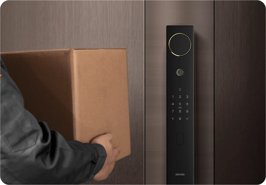 V5 mounted on a timber door as someone arrives carrying a parcel