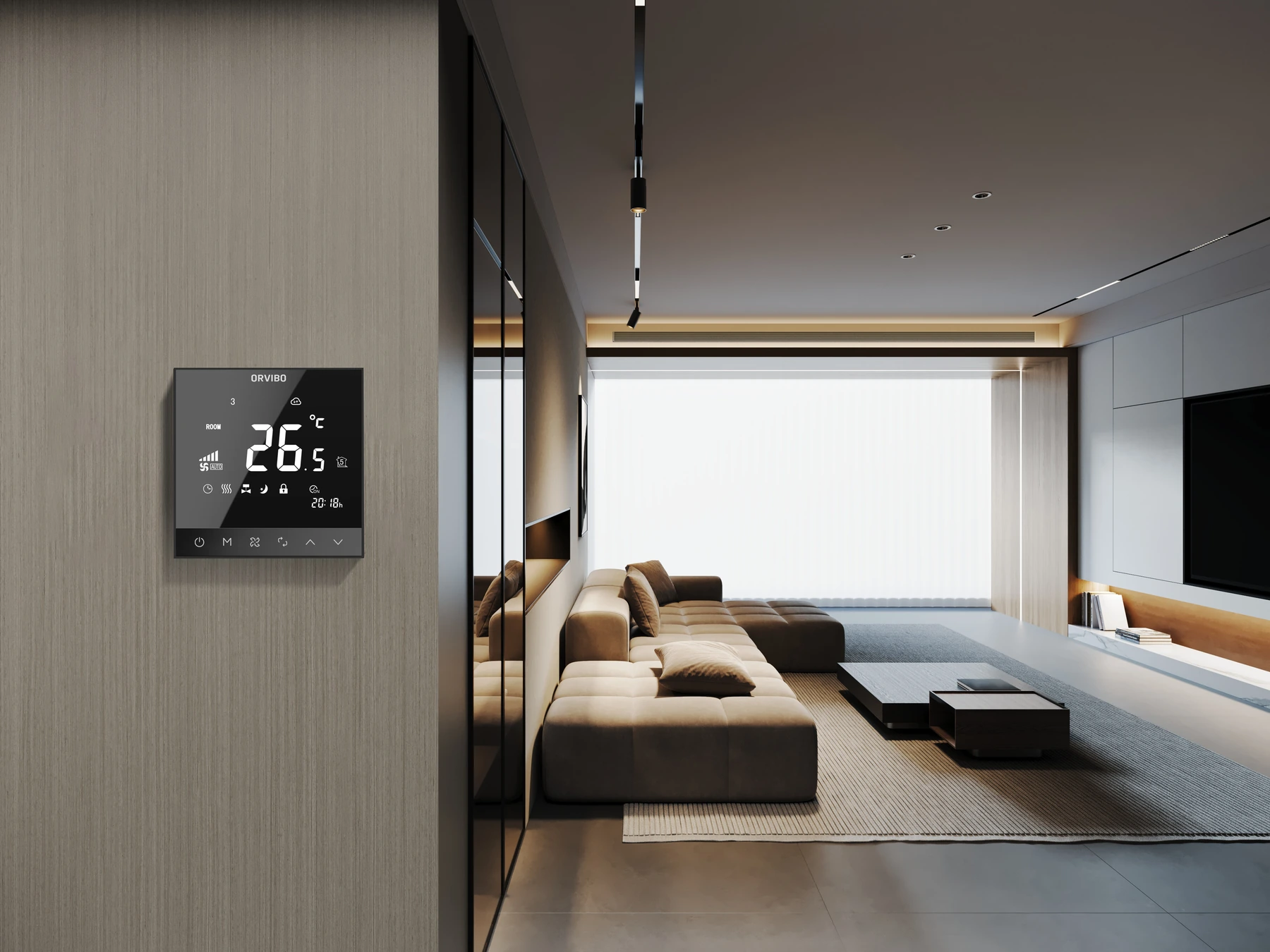 ORVIBO-Thermostat an einer strukturierten Wand neben einem eingerichteten Wohnbereich