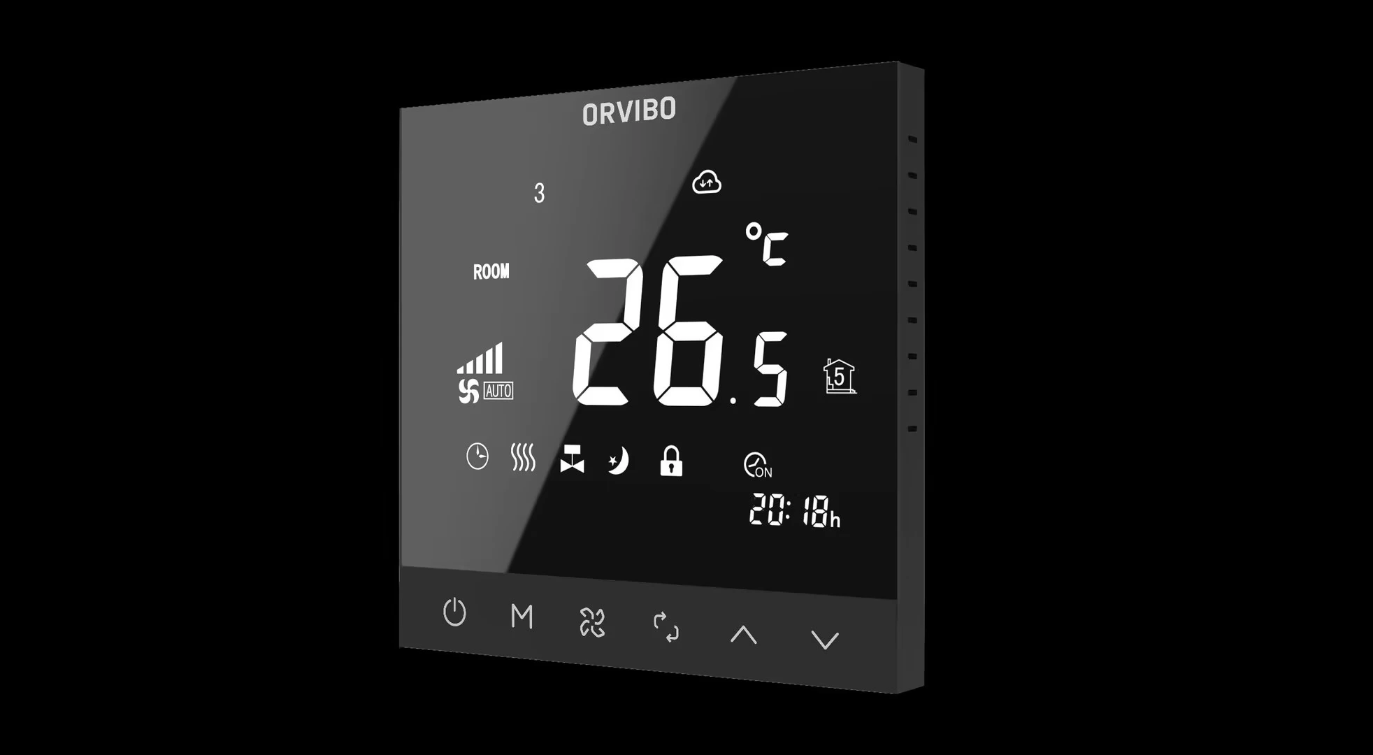Schwarzes ORVIBO-TS41-Thermostatpanel mit Temperaturanzeige und Touchbedienung