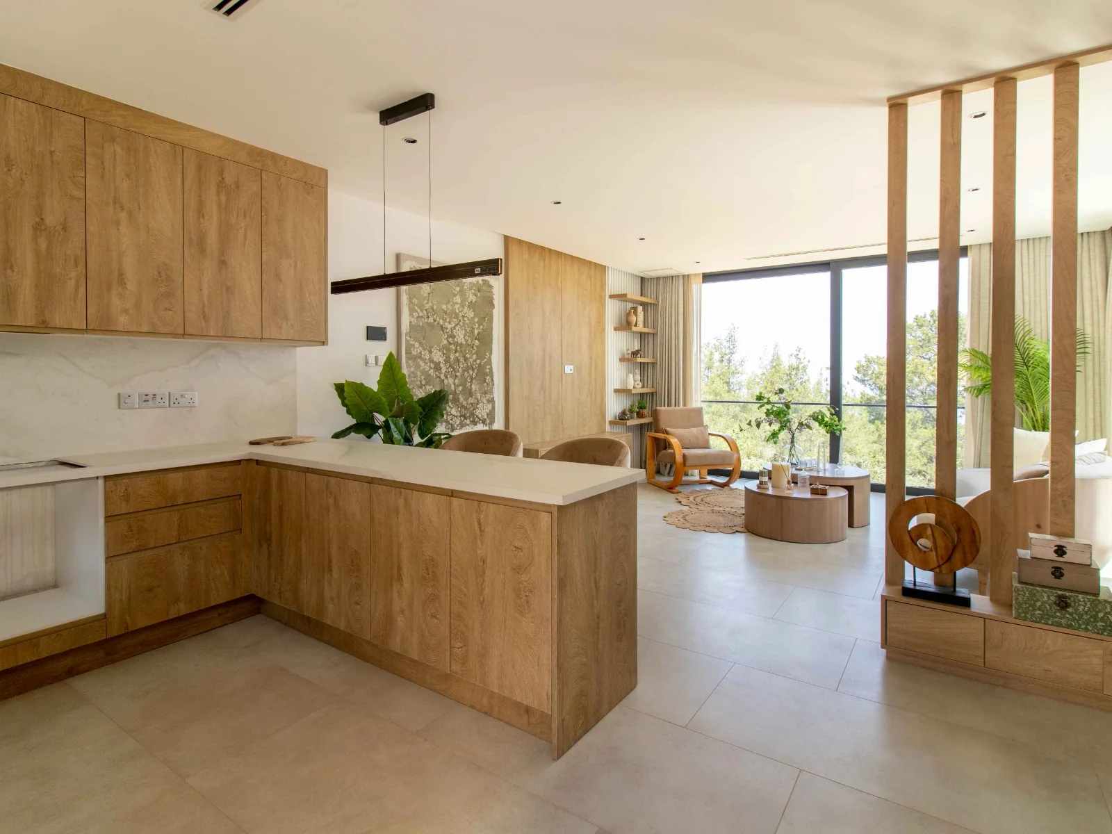 Kitchen and living area of a Nova showhouse in Esentepe, with a wall control beside the artwork