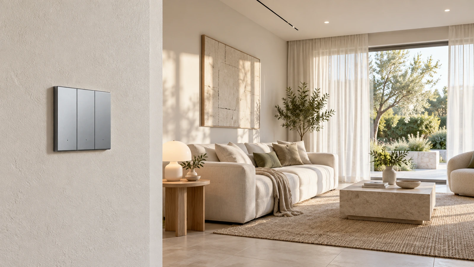 A bright living room with a silver wall switch, soft furnishings and garden-facing windows