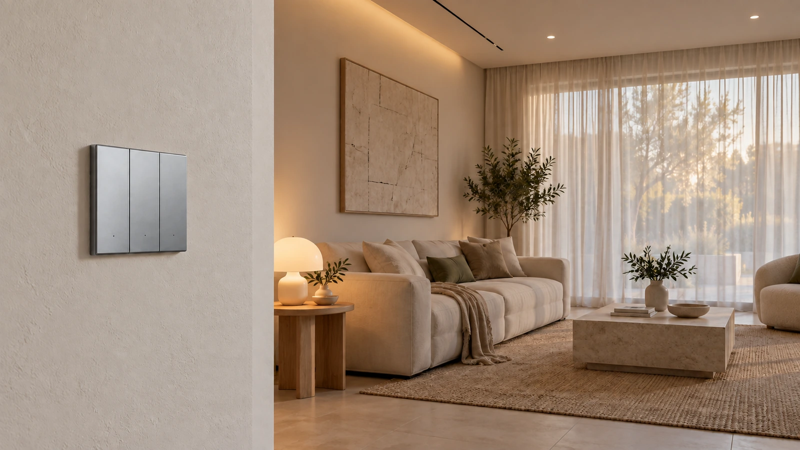 The same living room with softer, warmer interior lighting