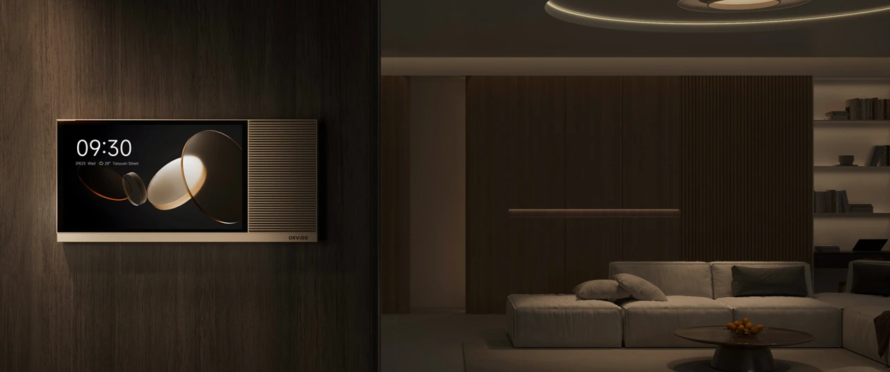 An ORVIBO control panel beside a softly lit living room