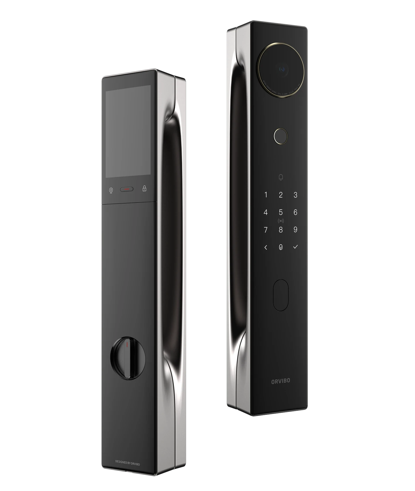 The V5 exterior lock with camera and keypad, beside its interior panel with display